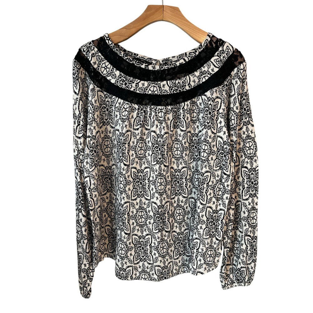 Faded Glory Blouse Womens Floral Lace Black White M